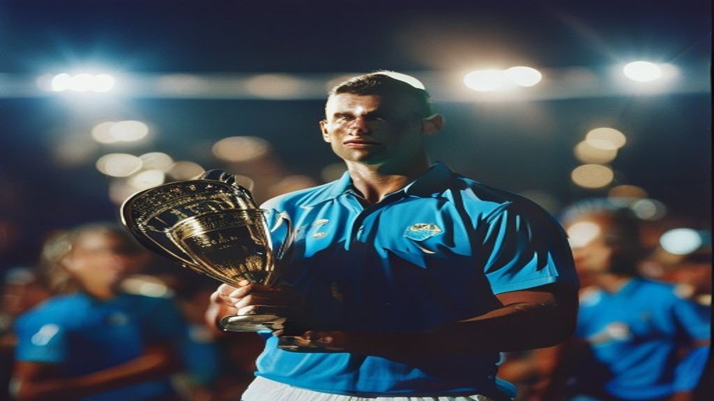 Tennis player holding a trophy under stadium lights with a blurred crowd in the background