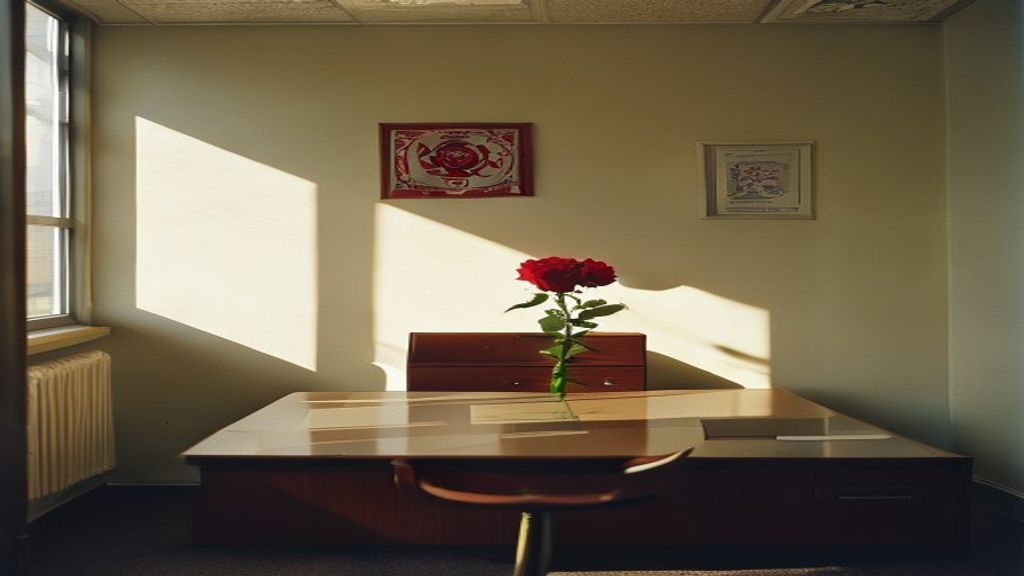 Empty desk in a UK government office with a red rose emblem on the wall