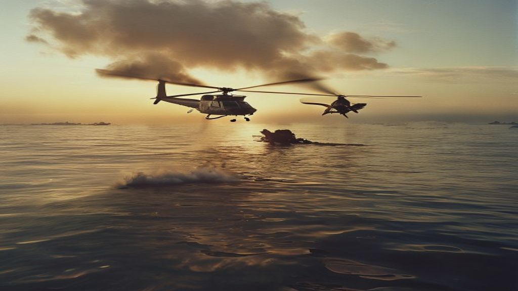 Rescue helicopter hovers over ocean near distant plane wreckage with smoke rising