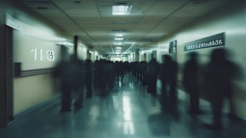 Long line of blurred people in a hospital corridor with an overhead display reading 18 weeks