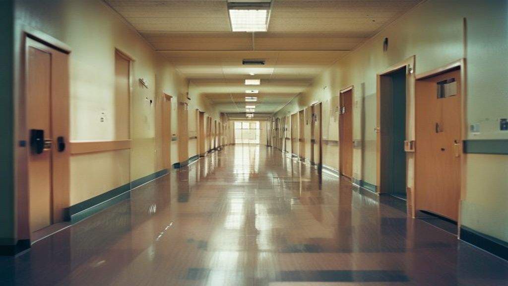 Blurred view of a closed school hallway with soft natural lighting