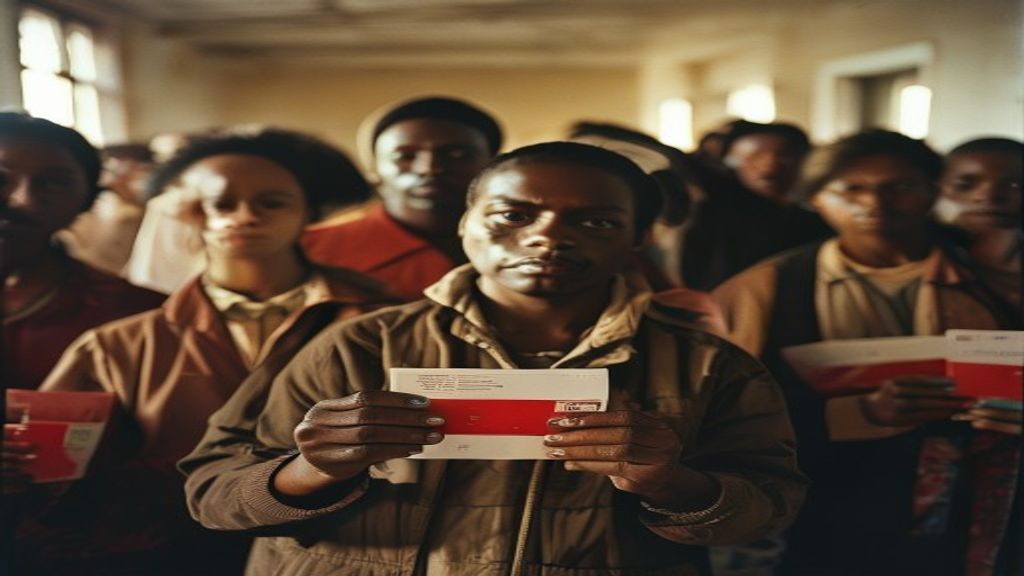 Diverse group of people with dark skin holding blood donation cards under warm light