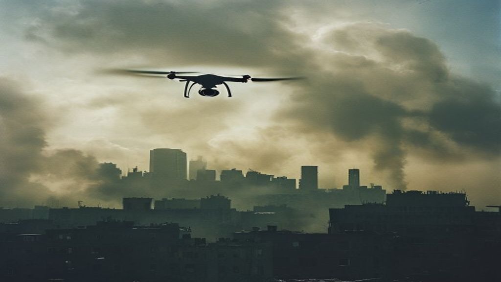 Blurred drone silhouette flying over a smoke-filled city skyline