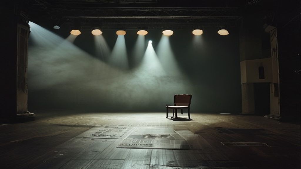 Empty stage with spotlight and newspaper headline on the floor
