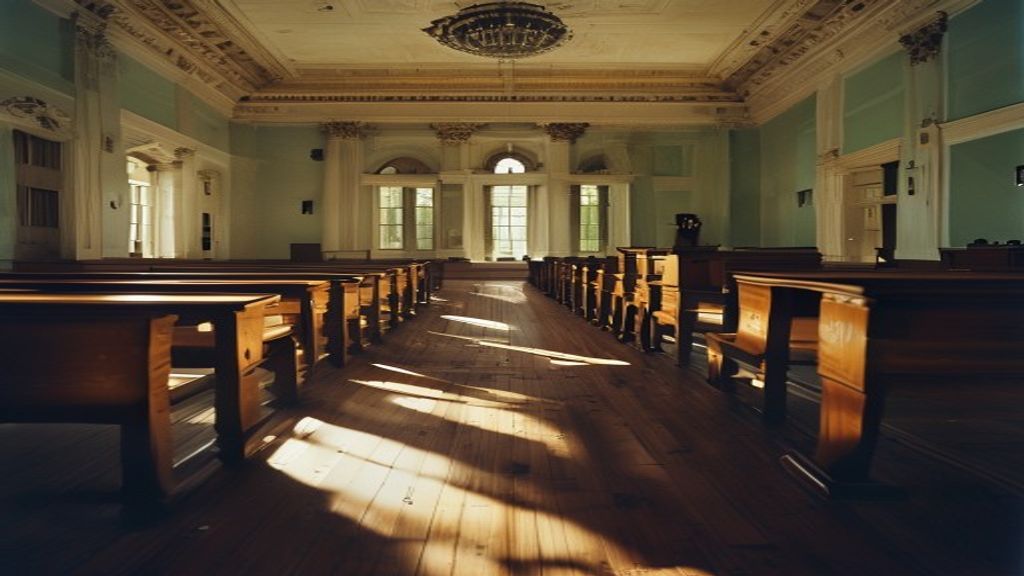 Empty wooden desks in a statehouse chamber with dramatic shadows