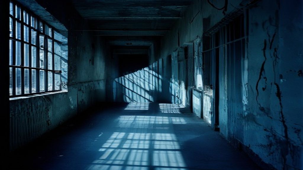 Dimly lit prison corridor with barred windows casting shadows