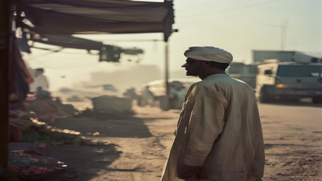 A lone Pakistani man stands in a dusty UAE market with blurred military vehicles in the distance