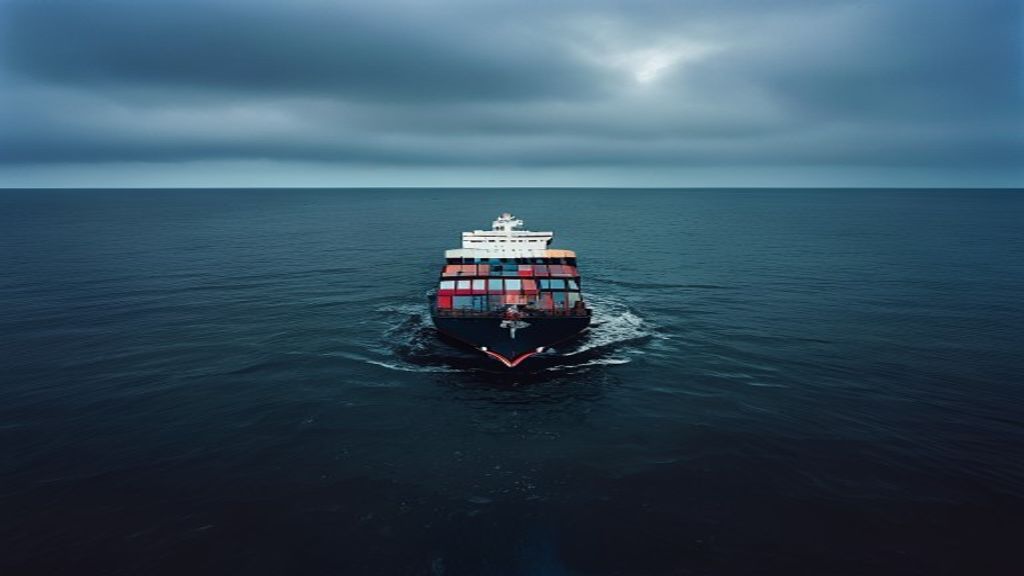A large cargo ship sails on dark blue ocean waters under an overcast sky