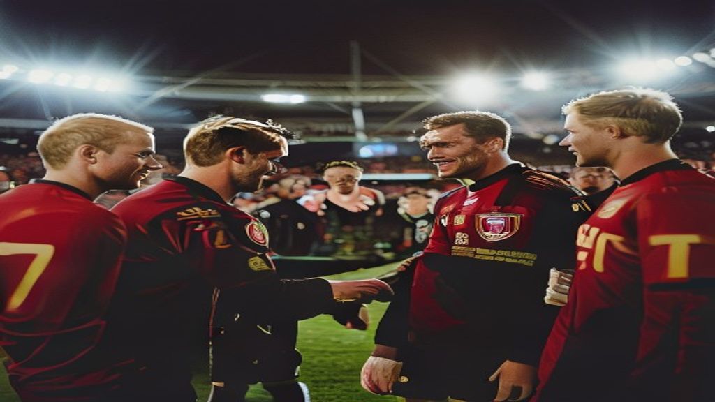 Prince William shakes hands with Aston Villa players on a football pitch under stadium lights