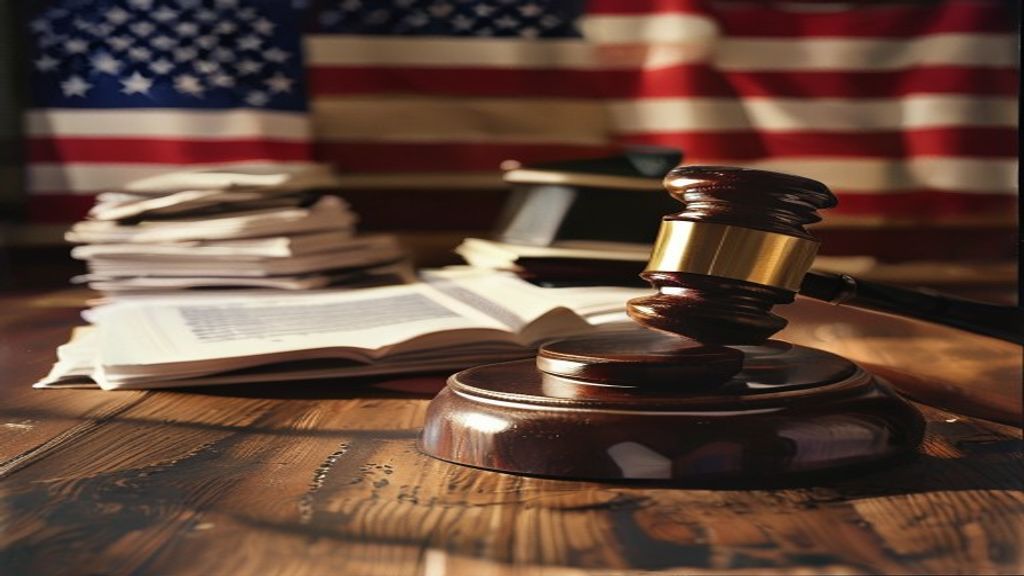 A gavel rests on a desk next to stacks of IRS documents under dramatic lighting