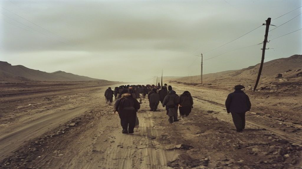 Afghan migrants walking along a dusty roadside under an overcast sky