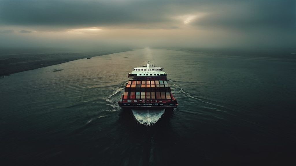 A cargo ship moves through the Strait of Hormuz under tense atmospheric lighting