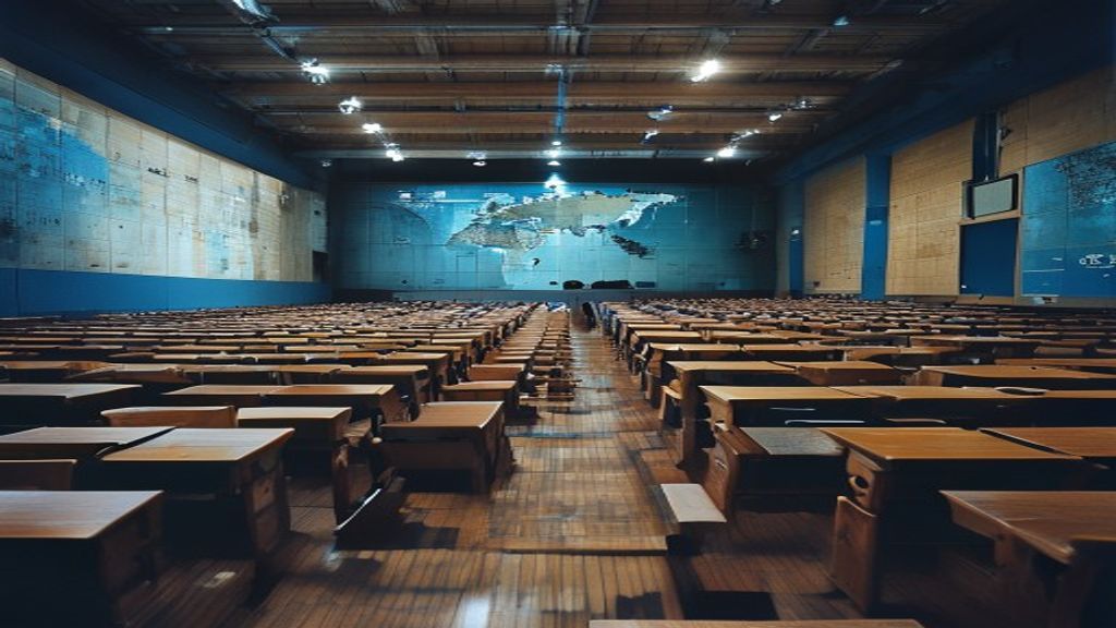 Rows of empty wooden desks in a large UN General Assembly hall with a world map on the wall