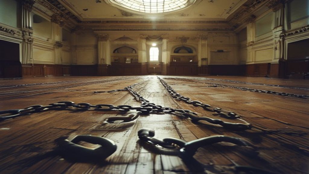 Empty French parliamentary chamber with symbolic broken chains on the floor under dramatic natural lighting