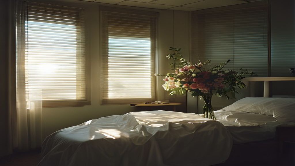 Hospital bedside table with flowers and soft morning light through blinds