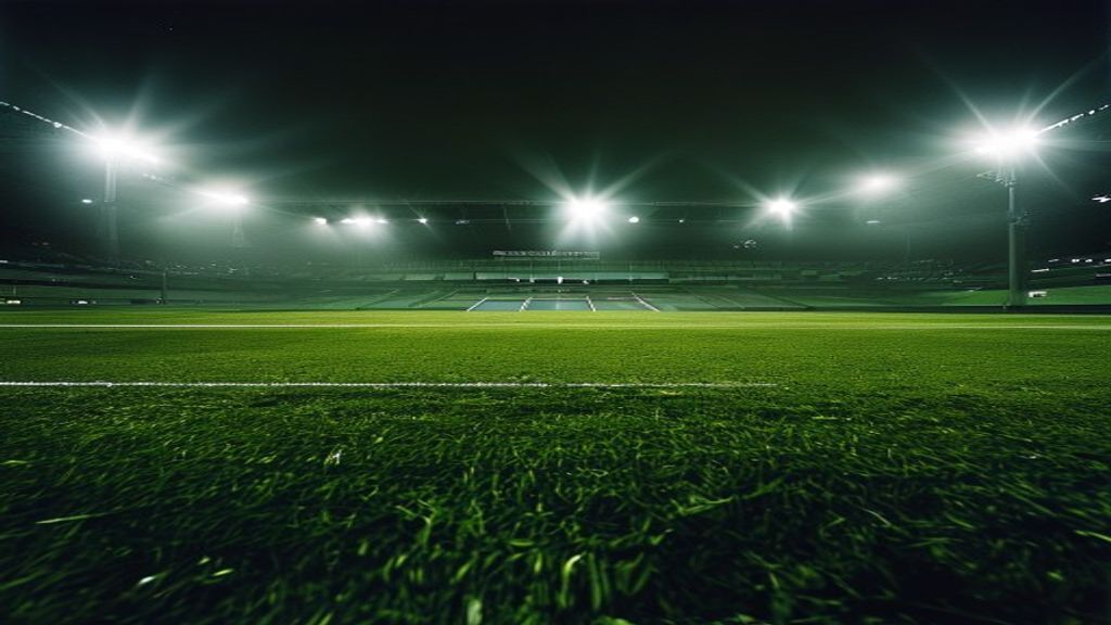 Empty Premier League stadium pitch under glowing floodlights