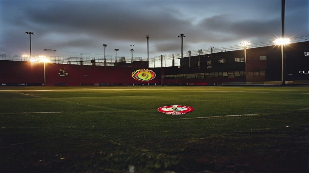 Empty Manchester United training pitch under dramatic stadium lighting at dusk