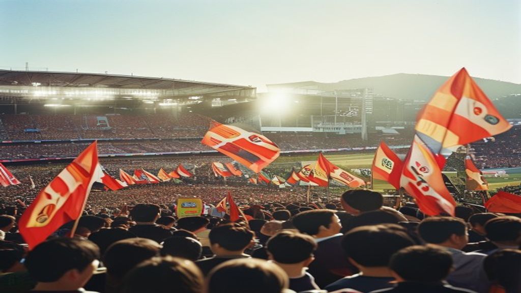 A vibrant stadium crowd in Seoul with waving flags under bright daylight