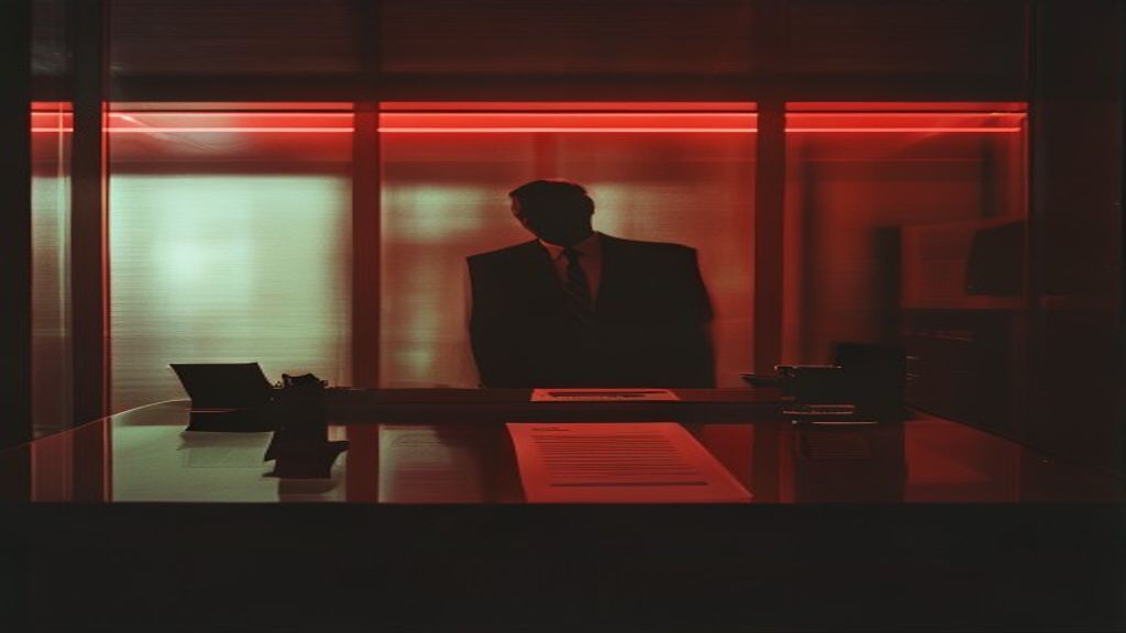 Silhouette of a politician at a desk with a document stamped blocked