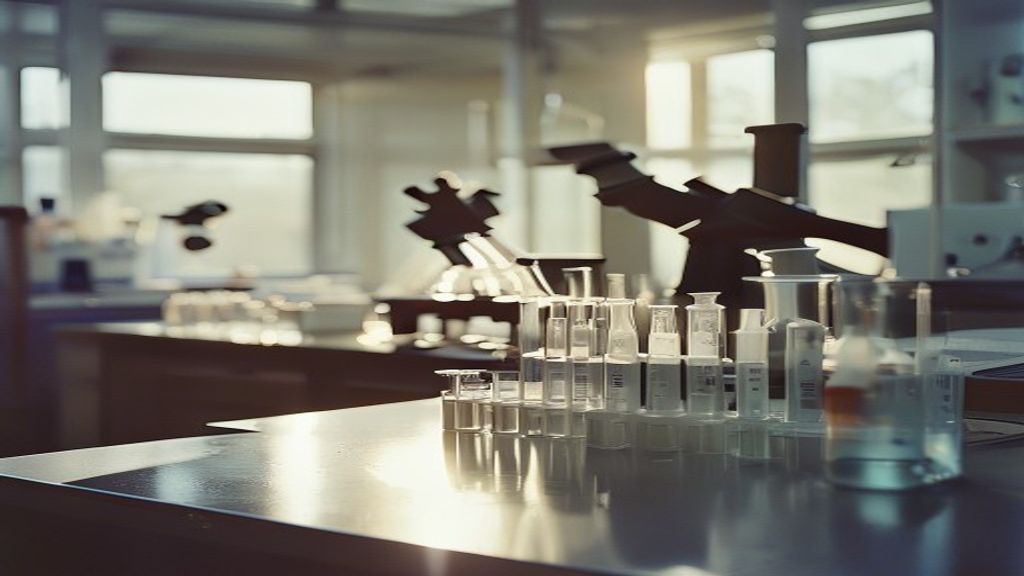 Laboratory bench with test tubes and microscopes under soft natural lighting