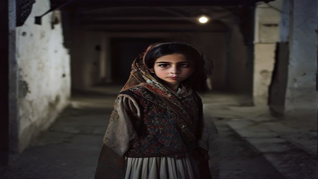 A young Afghan girl in traditional dress stands alone in a dimly lit courtyard with a somber expression