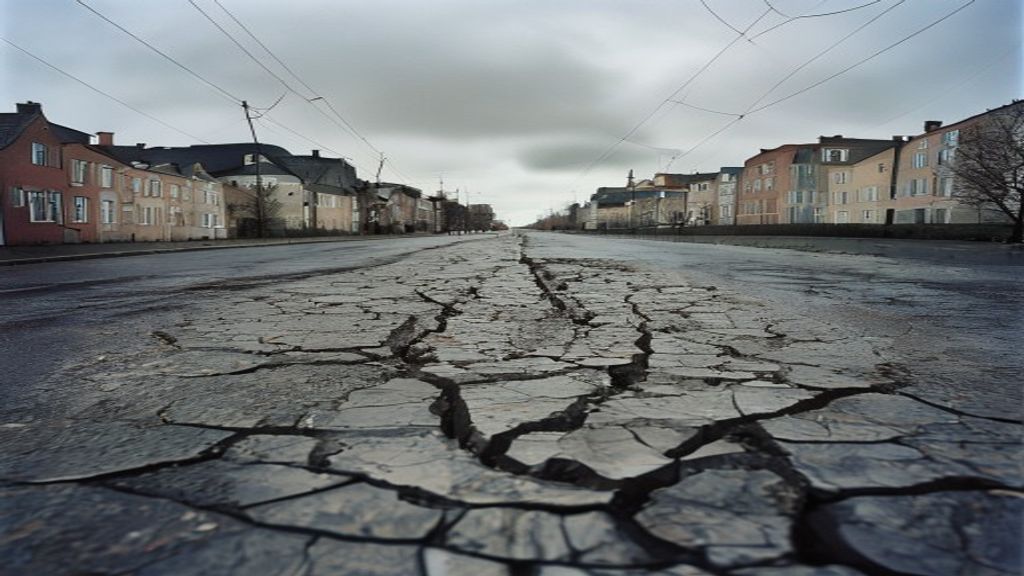 Cracked asphalt on a quiet Copenhagen street under an overcast sky