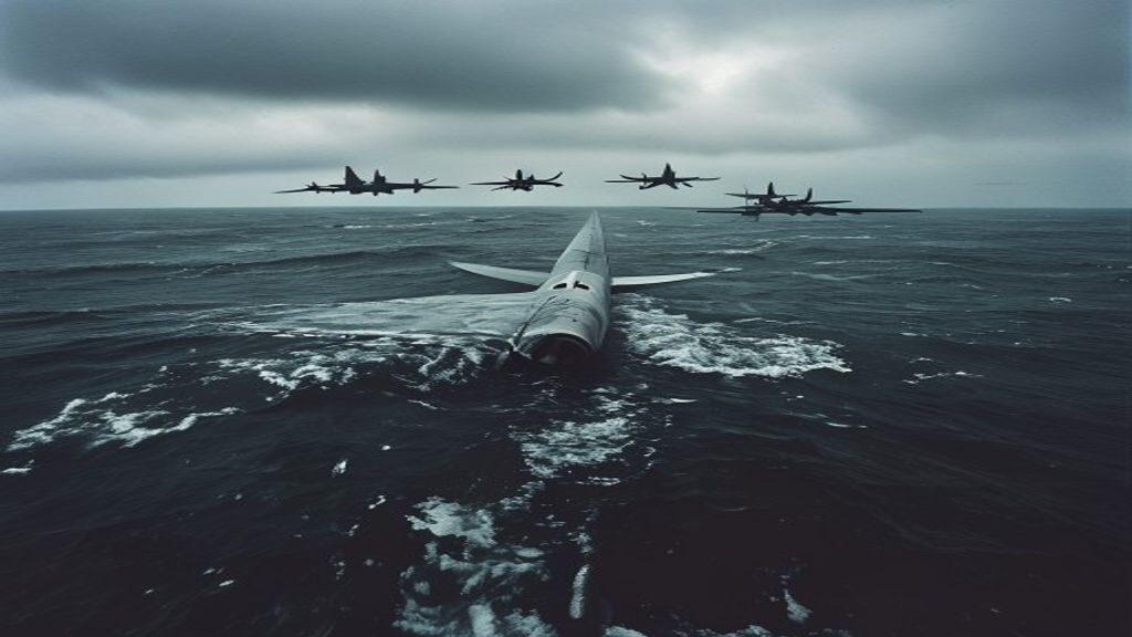 A Rivet Joint spy plane flies low over dark ocean waves with distant fighter jets in formation under an overcast sky