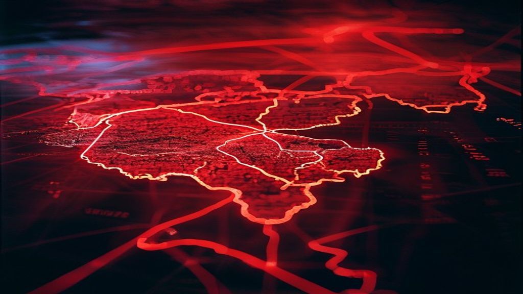 Geopolitical map projection showing the Persian Gulf with glowing red lines over the Strait of Hormuz under dramatic new