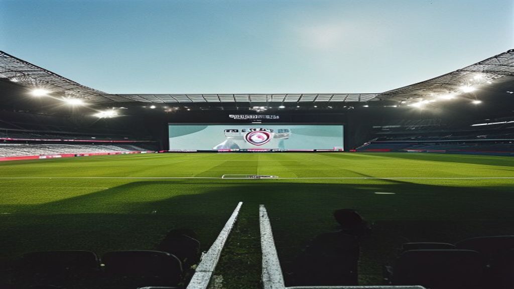 Empty stadium screen showing Champions League logo under bright daylight
