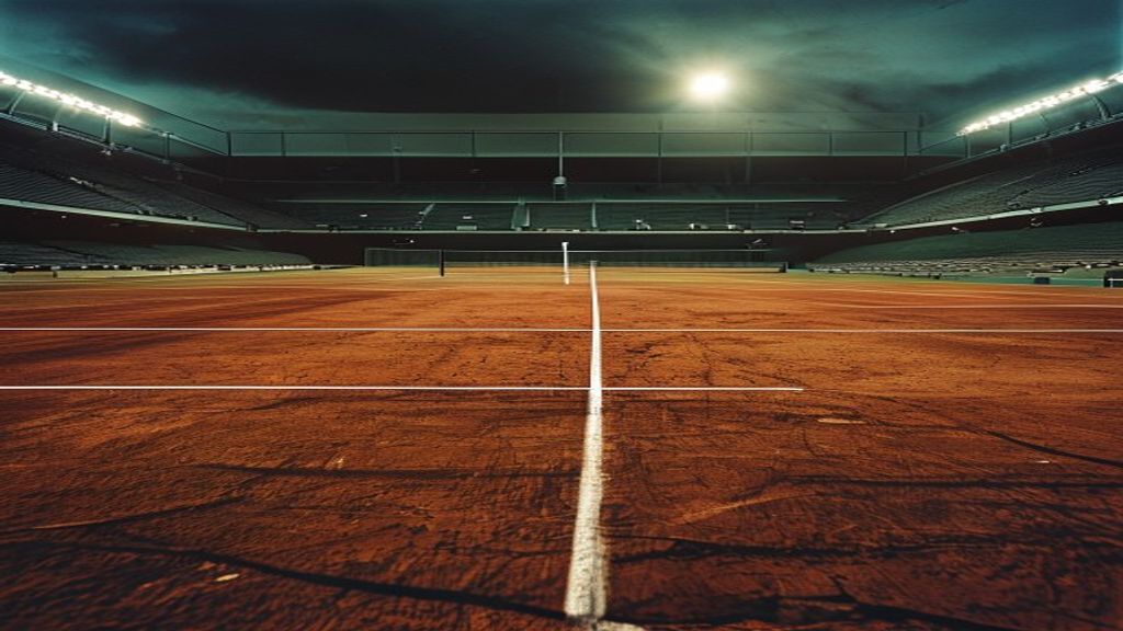 Empty tennis court with dramatic lighting on clay surface