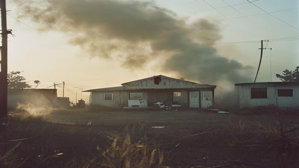 Remote healthcare clinic with smoke rising in background under natural lighting