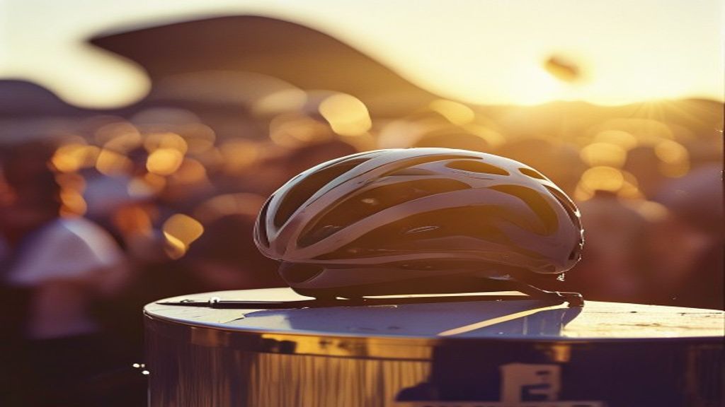 Cyclist helmet on a podium with blurred crowd in golden hour light