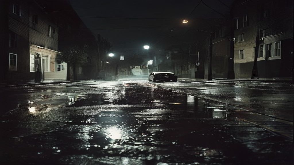 Dark rain-slicked street with an empty police car under streetlights