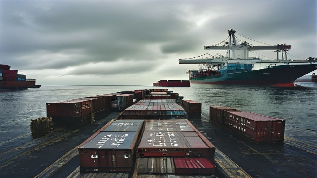 A cargo ship docked at a port with shipping containers under an overcast sky