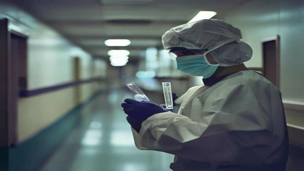 Medical worker in protective gear holds a test tube in a hospital corridor