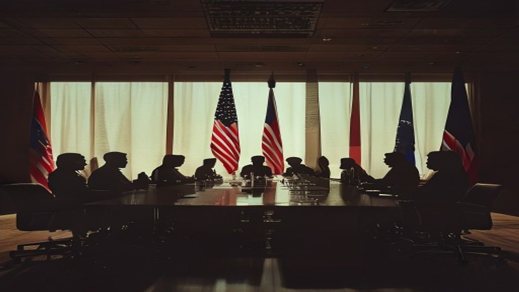 Silhouetted diplomats at a tense table with US and Iranian flags in the background