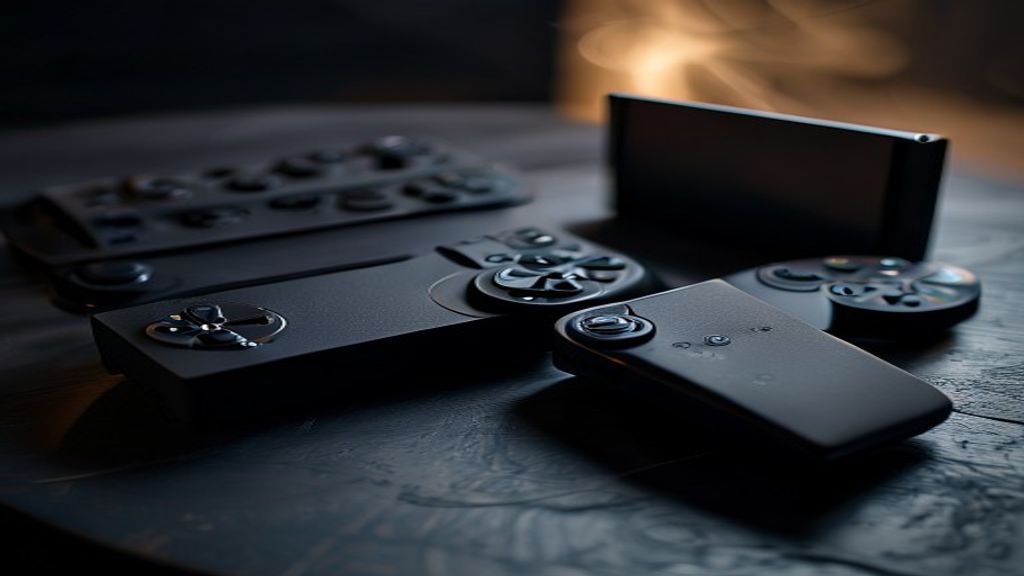 A Steam Deck OLED console placed beside a PlayStation 5 Pro under dramatic studio lighting